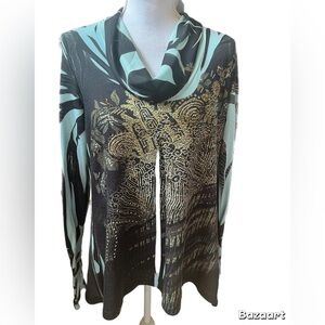 New Directions Cowl Neck Top Long Sleeve Beaded Front Size M Green/black
